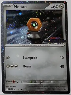 Swirls 🌀 Meltan 102/142 Cosmos Holo Heavily Bleed Error Rare Pokemon TCG ✨ - Image 1