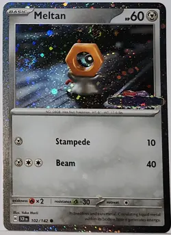 Swirls 🌀 Meltan 102/142 Cosmos Holo Heavily Bleed Error Rare Pokemon TCG ✨ - Image 2