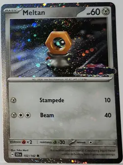 Swirls 🌀 Meltan 102/142 Cosmos Holo Heavily Bleed Error Rare Pokemon TCG ✨ - Image 3