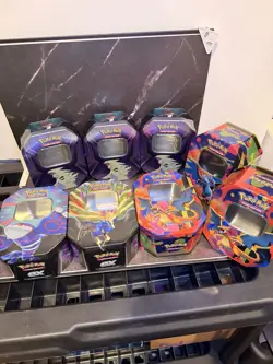 Pokemon TCG Tins, Lot Of 8, Empty with empty booster boxes - Image 1