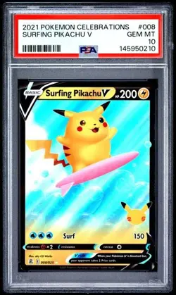 2021 POKEMON 25TH CELEBRATIONS ANV COLL #008 SURFING PIKACHU V 008/025 PSA 10 - Image 1