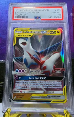 2019 POKEMON SUN & MOON TEAM UP #113 LATIAS & LATIOS GX PSA 10 - Image 1
