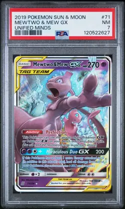 2019 POKEMON SUN & MOON UNIFIED MINDS #71 MEWTWO & MEW GX PSA 7 - Image 1