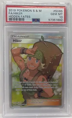 2019 POKEMON SUN & MOON HIDDEN FATES #SV85 FULL ART/HIKER PSA 10 GEM MINT GRADED - Image 1