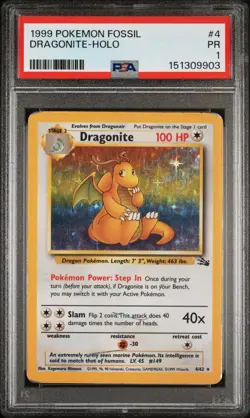 PSA 1 PR 1999 Pokemon Fossil Dragonite Holo 4/62 Holo Foil WOTC Unlimited - Image 1