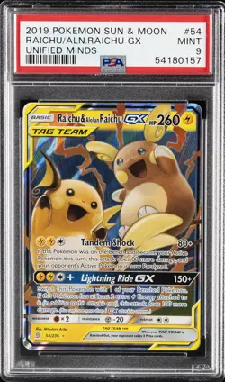 2019 POKEMON SUN & MOON UNIFIED MINDS #54 RAICHU & ALOLAN RAICHU GX PSA 9 - Image 1