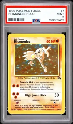 1999 Pokemon Fossil Hitmonlee Holo #7 PSA 9 Mint - Image 1