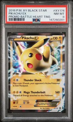 PSA 8 NM-MT Pikachu Ex #XY174 2016 Pokemon XY Black Star Promo Battle Heart Tins - Image 1