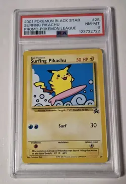 PSA 8 NM-MINT Surfing Pikachu WOTC Black Star Promo 28 Pokemon 2001 - Image 1