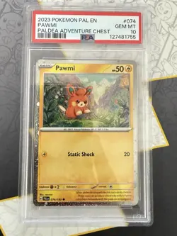 2023 Pokemon Paldea Evolved Pawmi #074 Adventure Chest PSA 10 Cosmos Holo - Image 1