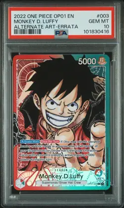 One Piece Card Monkey D. Luffy Alt Art OP01-003 Romance Dawn PSA 10 - ERRATA - Image 1