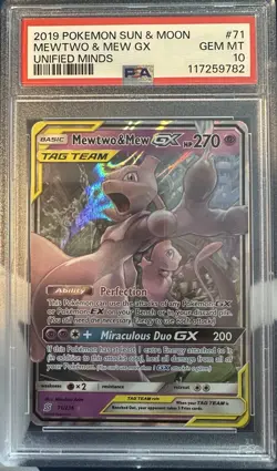 NEW CERT Pokemon 2019 Sun and Moon Unified Minds #071 Mewtwo & Mew GX PSA 10 - Image 1