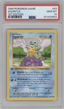 POKEMON PSA 10 GEM MINT SQUIRTLE 1ST EDITION SHADOWLESS BASE SET 1999 CARD #63 - Image 1