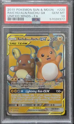 PSA 10 2019 Pokemon Sun & Moon Raichu/Alolan Raichu GX Unified Minds FA #220 - Image 1