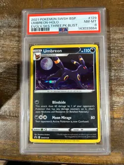 POKEMON 2021 2 Promo Evolving Skies 3 Pack Blister UMBREON Holo SWSH129 PSA 8 - Image 1
