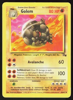 Golem 36/62 Uncommon Fossil Pokemon Unlimited Damaged - Image 1
