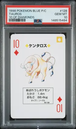 1998 POKEMON BLUE VERSION PLAYING CARDS 10 OF DIAMONDS #128 TAUROS PSA 10 - Image 1