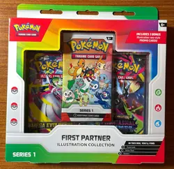 POKEMON First Partner Illustration Collection Box Sealed 2 Booster Packs+Promos - Image 1