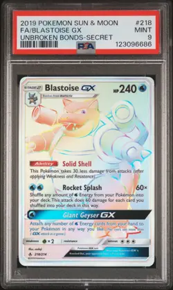Pokemon Unbroken Bonds Blastoise GX 218/214 Secret Rainbow Rare PSA 9 Mint - Image 1