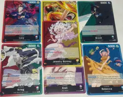 Bandai One Piece Card Game Leader Cards Lucy Brook Krieg Jewelry Bonney Enel Lot - Image 1