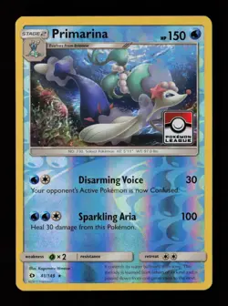 Primarina 41/149 Reverse Holo Pokemon League Stamped Promo Pokemon Card - Image 1