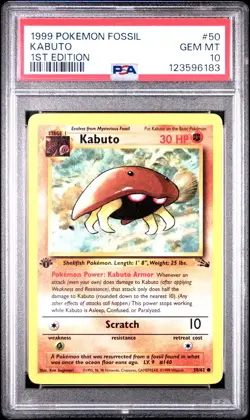 PSA 10 GEM MINT 1999 POKEMON FOSSIL 50 KABUTO 1ST EDITION ENGLISH - Image 1