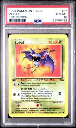 PSA 10 GEM MINT 1999 POKEMON FOSSIL 57 ZUBAT 1ST EDITION ENGLISH - Image 1