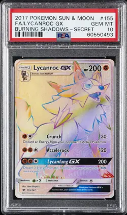 2017 POKEMON SUN & MOON BURNING SHADOWS SECRET #155 FULL ART/LYCANROC GX PSA 10 - Image 1