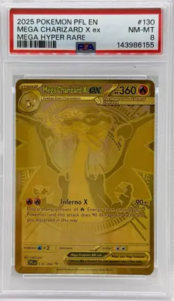 Pokemon 2025 Mega Charizard X EX 130/094 Gold Hyper Rare Phantasmal Flames PSA 8 - Image 1