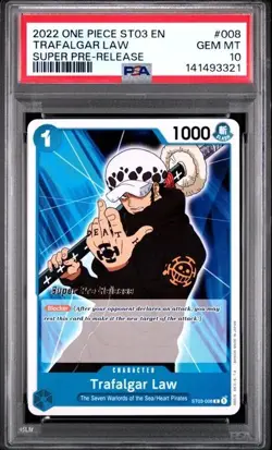 2022 ONE PIECE ST03-008 SUPER PRE RELEASE TRAFALGAR LAW PSA 10 GEM MINT - Image 1