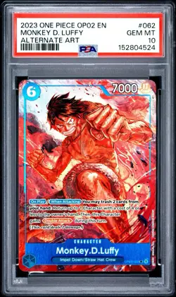 2023 ONE PIECE OP02-PARAMOUNT WAR ALTERNATE ART #062 MONKEY D. LUFFY PSA 10 - Image 1