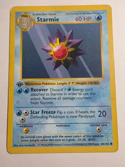1999 POKEMON 1ST EDITION 1 CARD STARMIE SHADOWLESS STAGE 1 BASE SET 64/102 - Image 1