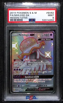 2019 POKEMON SUN & MOON HIDDEN FATES FULL ART NIHILEGO GX #SV62 PSA 9 MINT - Image 1