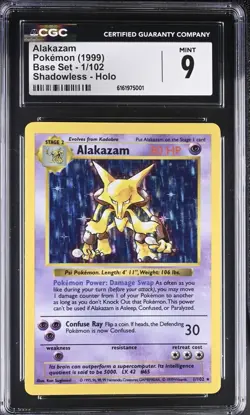 1999 Pokemon Base Set Shadowless #1 Alakazam Holo CGC 9 MINT - Image 1