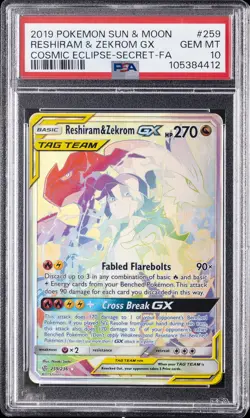 2019 POKEMON SUN & MOON COSMIC ECLIPSE #259 FULL ART/RESHIRAM & ZEKROM GX PSA 10 - Image 1