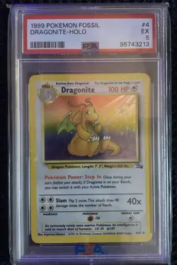 1999 Pokemon Fossil Dragonite Holo 4/62 Unlimited PSA 5 EX WOTC Vintage TCG Card - Image 1