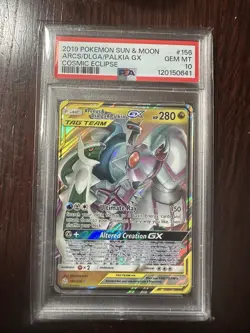 2019 POKEMON SUN & MOON COSMIC ECLIPSE #156 ARCEUS & DIALGA & PALKIA GX PSA 10 - Image 1