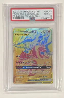 2021 POKEMON SM BLACK STAR PROMO #SM247 FULL ART/RESHIRAM & CHARIZARD GX PSA 8 - Image 1