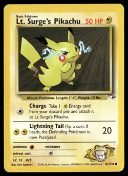 Lt. Surge's Pikachu 81/132 Common Gym Heroes Pokemon Lightly Played - Image 1