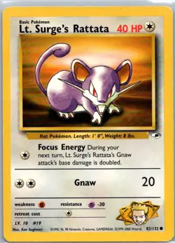 Pokemon TCG Lt Surges Rattata 82/132 Gym Heroes LP - Image 1