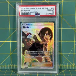 2018 POKEMON SUN & MOON DRAGON MAJESTY 70 FULL ART ZINNIA PSA 10 TRAINER CARD - Image 1