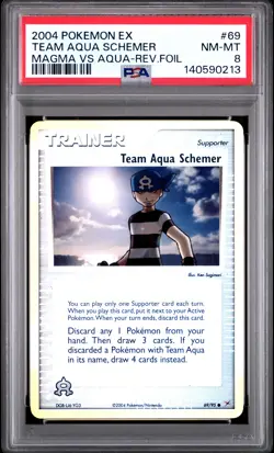 2004 POKEMON EX TEAM MAGMA VS TEAM AQUA #69 TEAM AQUA SCHEMER-REVERSE FOIL PSA 8 - Image 1
