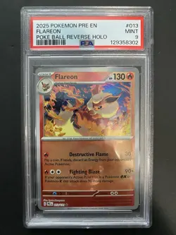 2025 POKEMON PRE EN-PRISMATIC EVOLUTIONS POKE BALL REVERSE HOLO FLAREON PSA 9 - Image 1