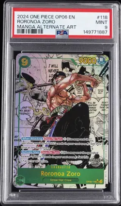 2024 ONE PIECE OP06-WINGS OF THE CAPTAIN MANGA ALTERNATE ART RORONOA ZORO PSA 9 - Image 1