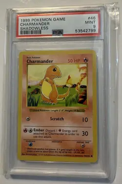 Authentic 1999 Pokemon CHARMANDER SHADOWLESS #46 PSA 9 Mint - Image 1