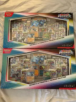 2 x Pokemon Prismatic Evolutions Lucario EX and Tyranitar EX Premium Collection - Image 1