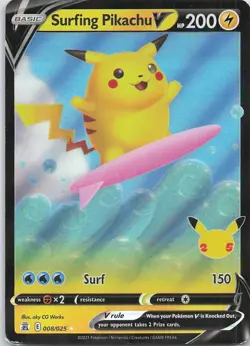 Surfing Pikachu V 008/025 Holo V Rare 2021 Celebrations Pokemon LP - Image 1