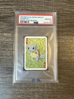 1999 BICYCLE POKEMON MINI PLAYING CARDS GREEN DECK SQUIRTLE GREEN-3 OF HEARTS - Image 1