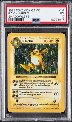 1999 POKEMON BASE SET SHADOWLESS #14 RAICHU-HOLO PSA 5 - Image 1