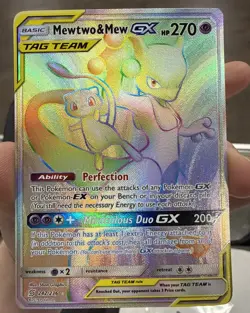 Pokemon TCG Unified Minds Mewtwo Mew GX 242/236 Rainbow Secret Rare LP - Image 1